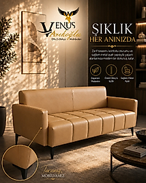Venüs Modern Üçlü Kanepe – Taba Deri Görünümlü, Metal Ayaklı